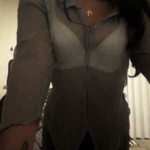 Gray and White 3/4 Sleeve Fitted Button Down Shirt